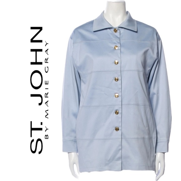 St John Vintage Oversize Lt Blue Barn Jacket Stretch Cotton Logo Button Sz Small - Picture 1 of 10